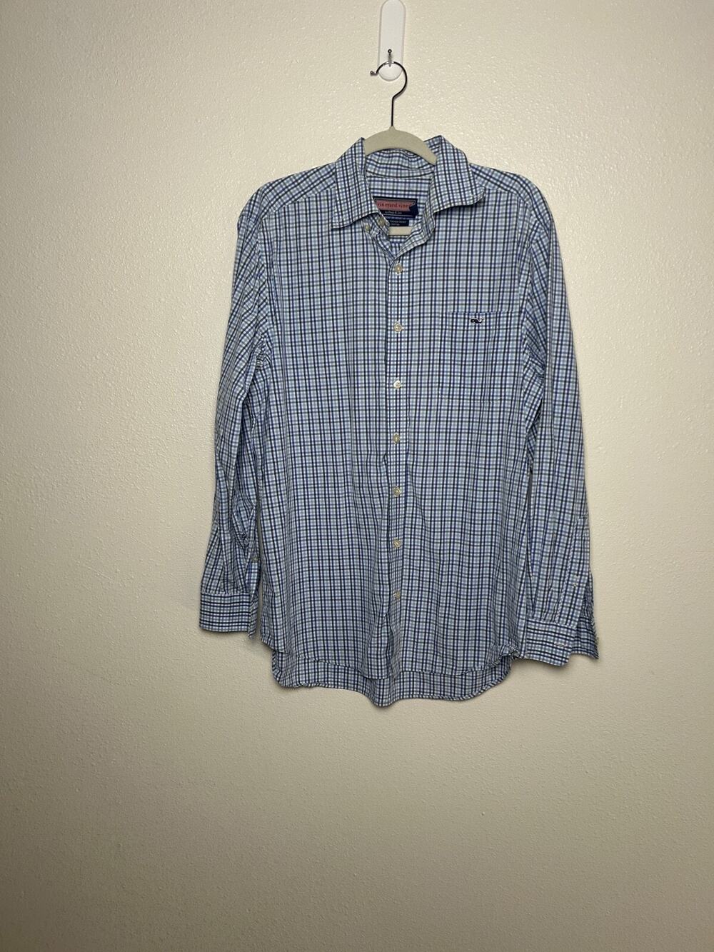 Vineyard Vines by Shep & Ian Blue Checkered Shirt 100% Cotton Size Large
